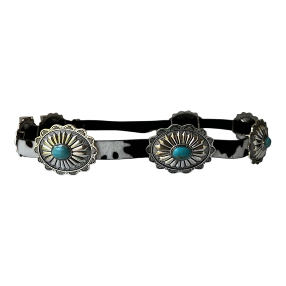 Haute Hippie Accessories - Haute Hippie Cow Print Silver and Turquoise Chain Concho Belt New